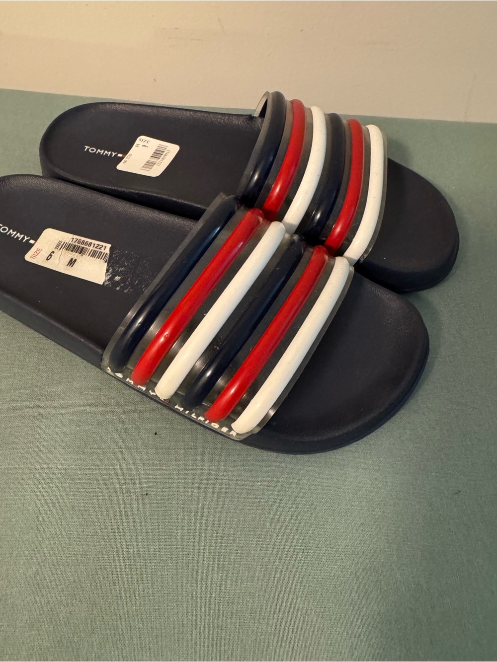 Tommy Hilfiger Striped Navy Slip-On Sandals with Red & White Accents - Picture 3 of 4